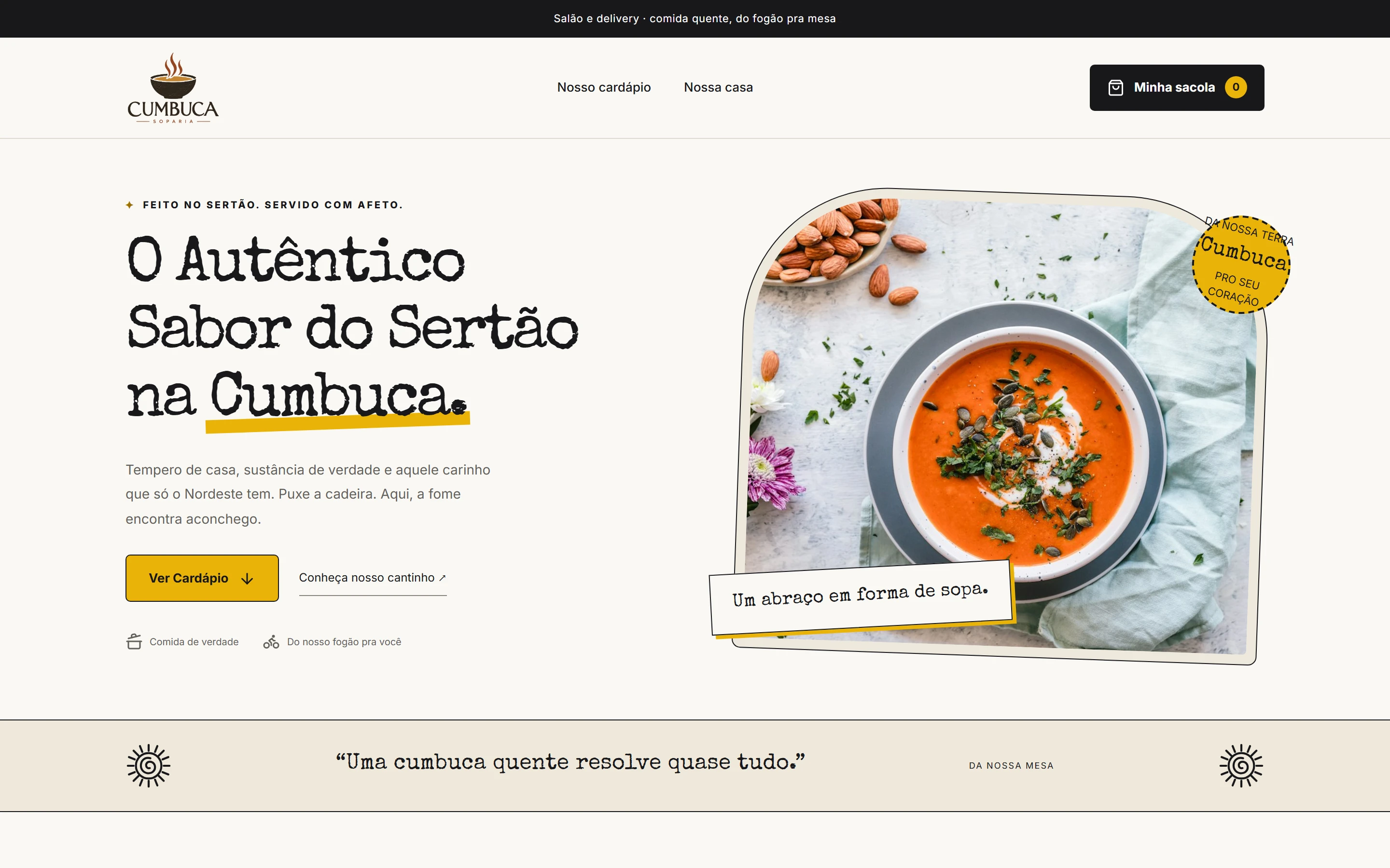 Página inicial do cardápio digital da Cumbuca, com uma cumbuca de sopa e o título O Autêntico Sabor do Sertão na Cumbuca