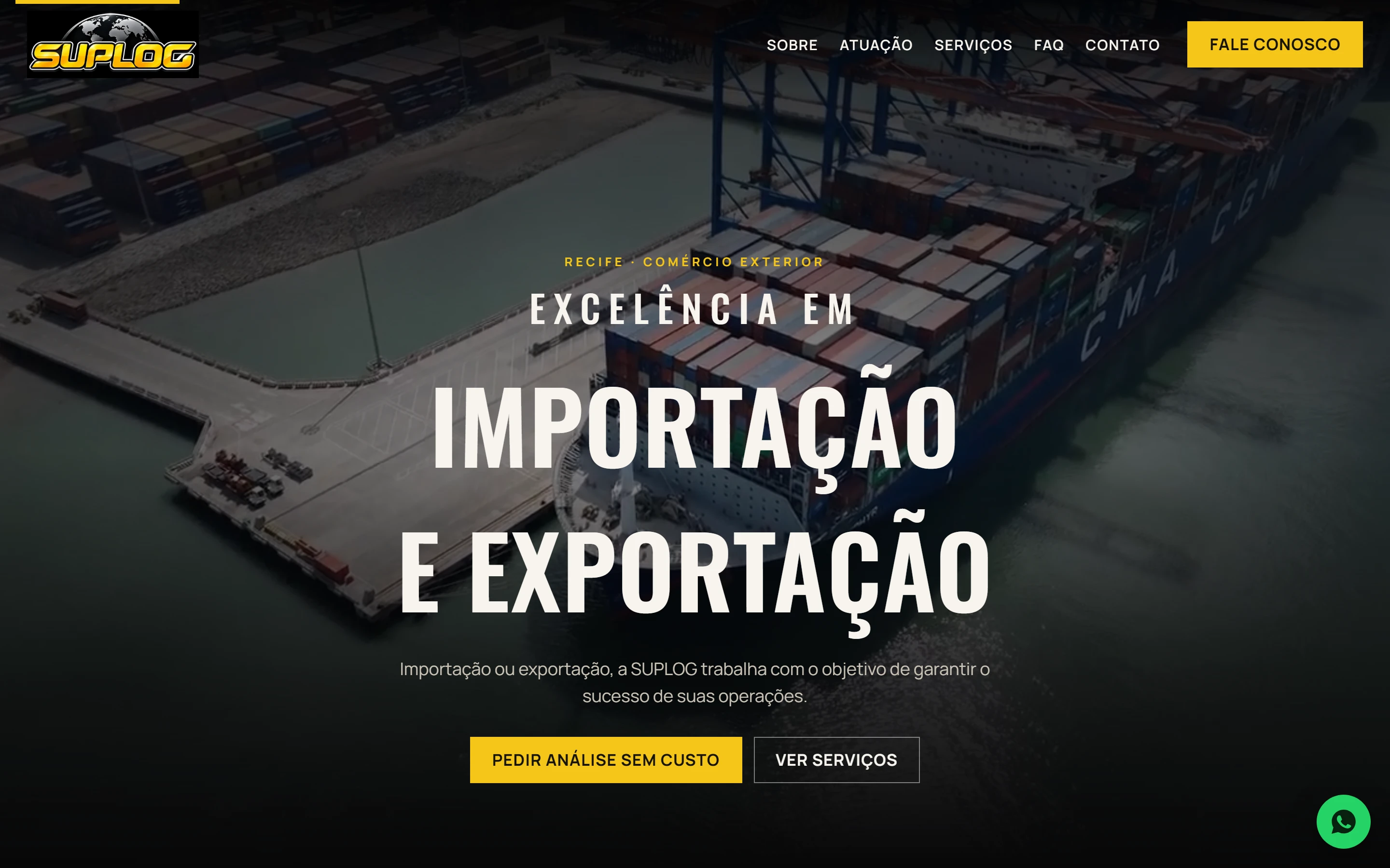 Tela inicial da landing page da SUPLOG, com fotos de navios e contêineres